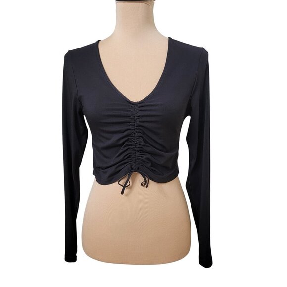 Offline by Aerie Size L Black Ruched /Drawstring Front Long Sleeve Crop Top - Picture 1 of 11